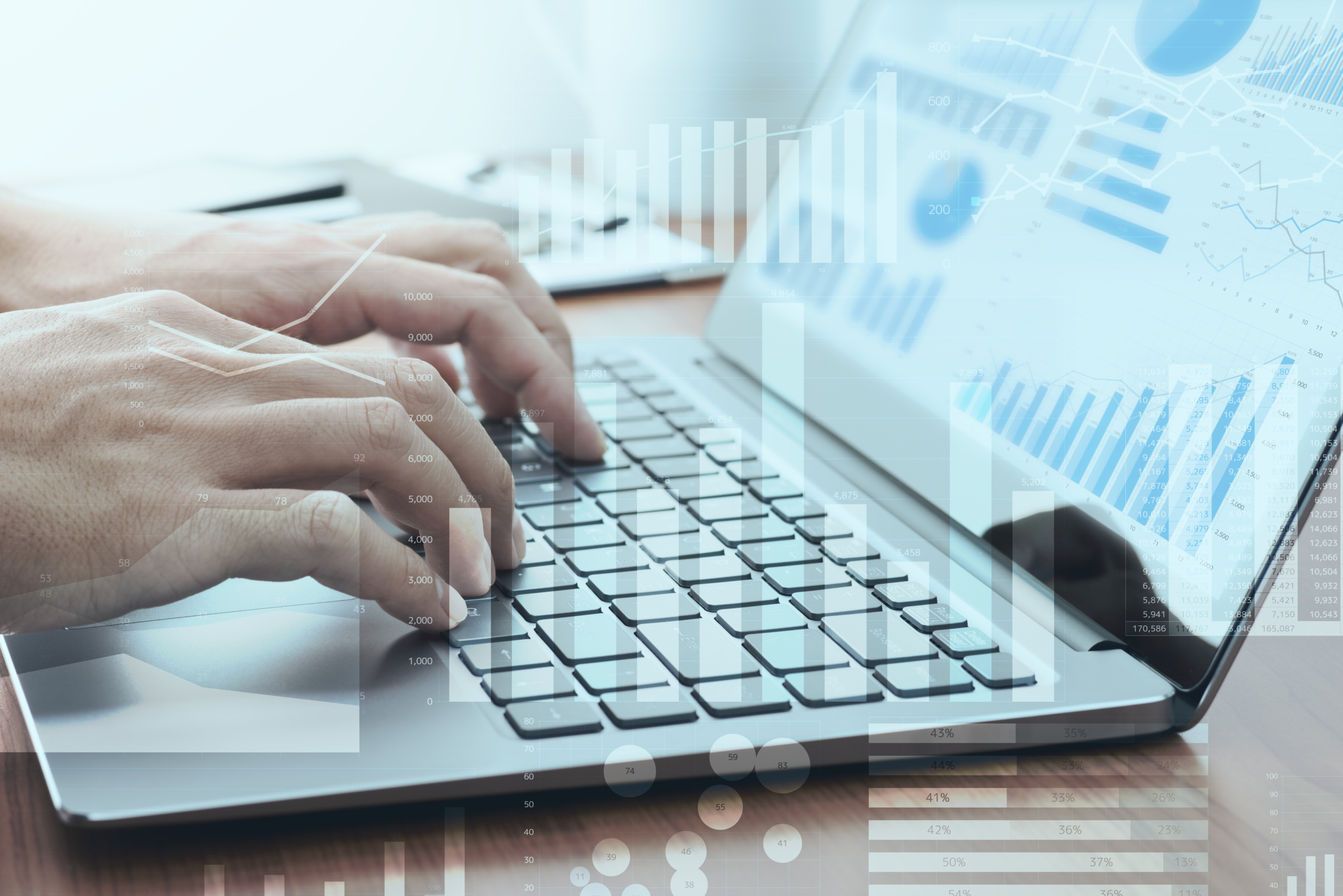 Business intelligence concept. Businessman using laptop for analysis.